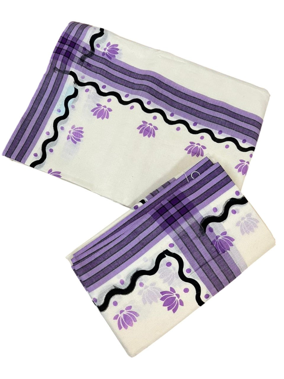 Southloom Pure Cotton Kerala Single Mulloth Set Mundu With Lotus Digital Print In Lavender (Mundum Neriyathum) in 2.75 Mtrs