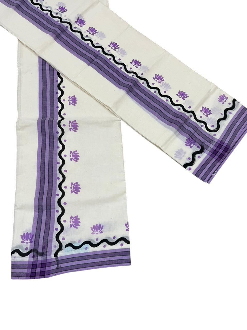 Southloom Pure Cotton Kerala Single Mulloth Set Mundu With Lotus Digital Print In Lavender (Mundum Neriyathum) in 2.75 Mtrs