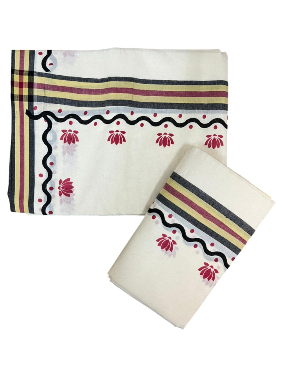Southloom Pure Cotton Kerala Single Mulloth Set Mundu With Lotus Digital Print in Red (Mundum Neriyathum) in 2.75 Mtrs SL371