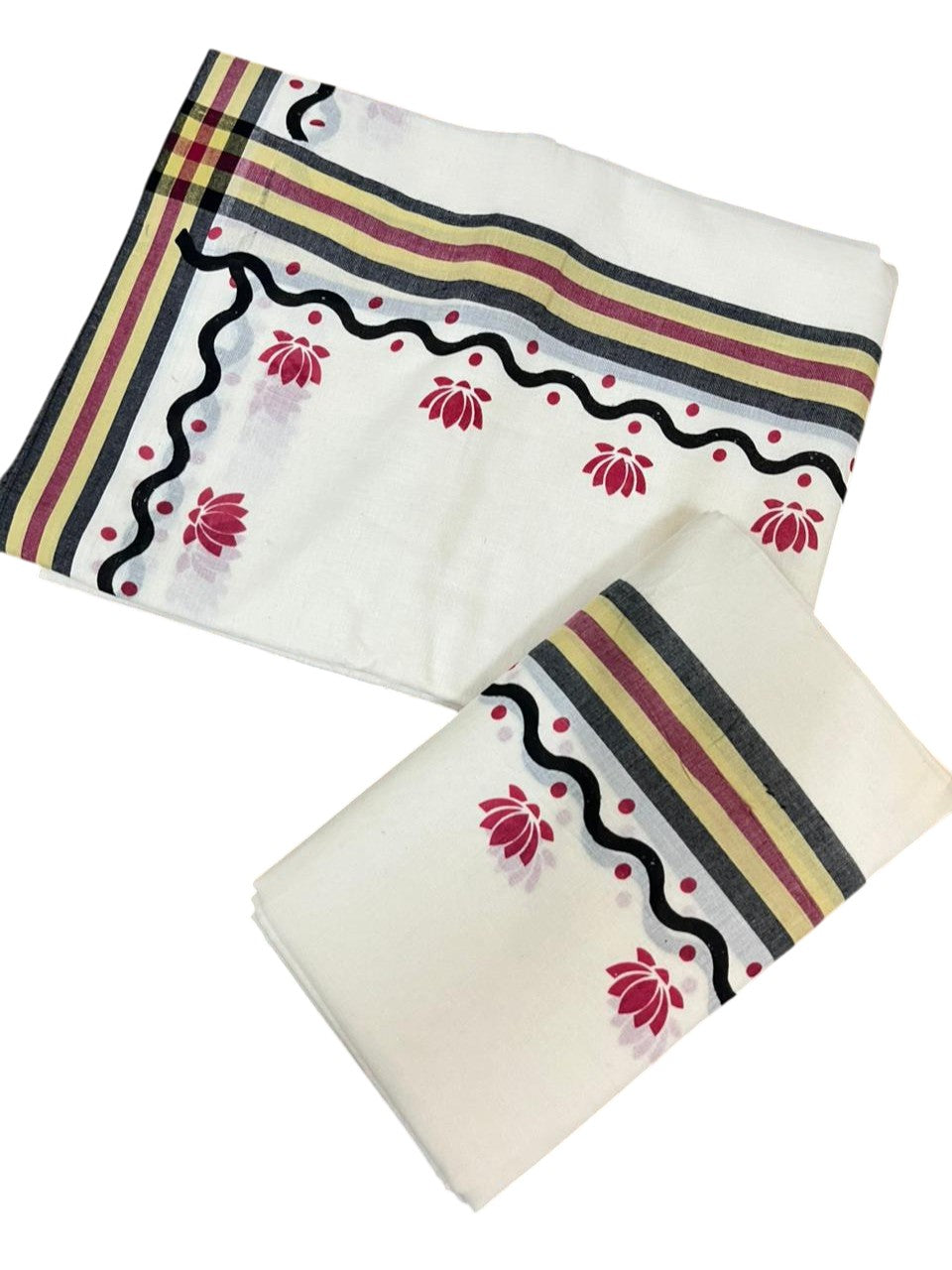 Southloom Pure Cotton Kerala Single Mulloth Set Mundu With Lotus Digital Print in Red (Mundum Neriyathum) in 2.75 Mtrs SL371