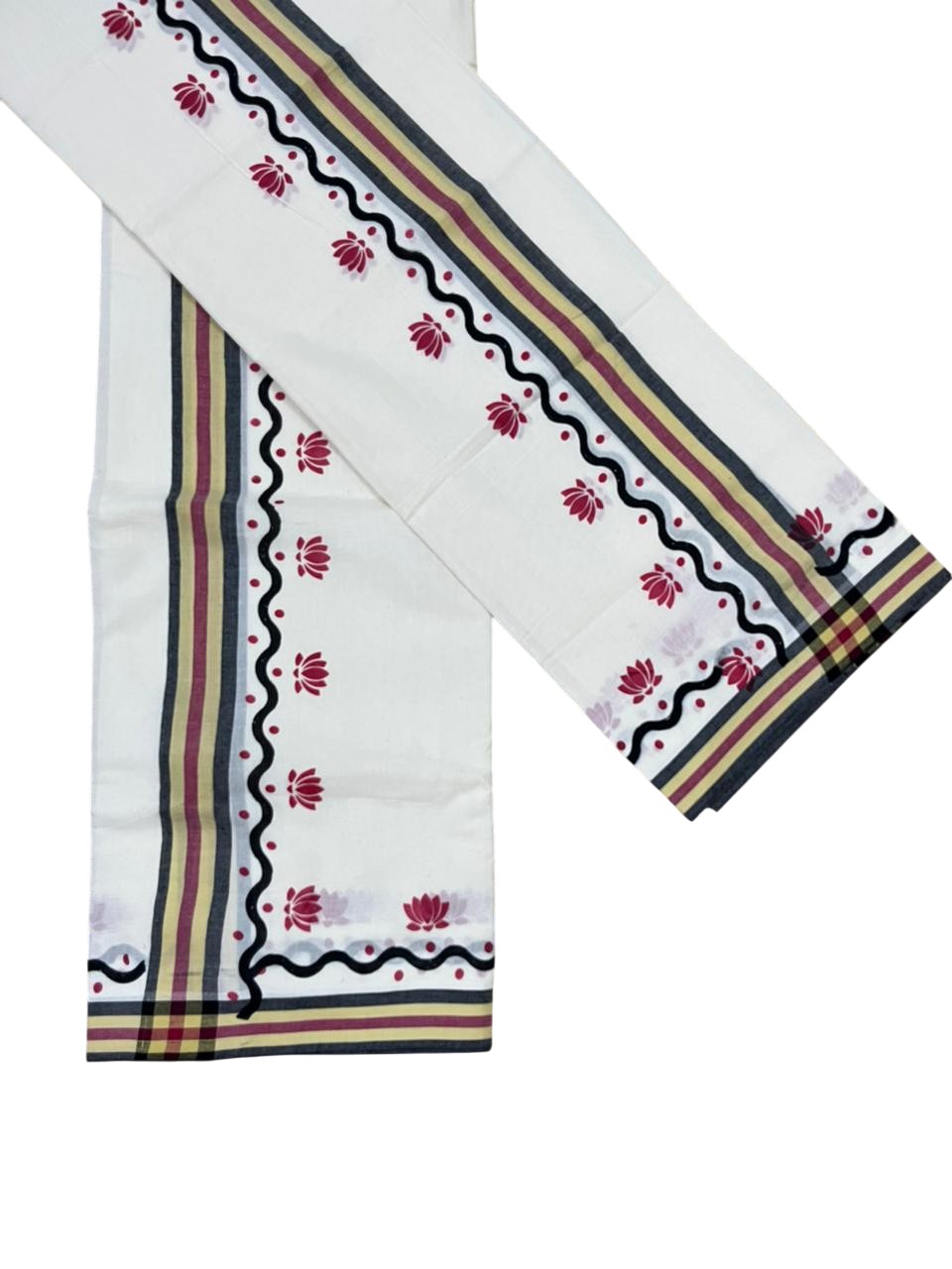 Southloom Pure Cotton Kerala Single Mulloth Set Mundu With Lotus Digital Print in Red (Mundum Neriyathum) in 2.75 Mtrs SL371