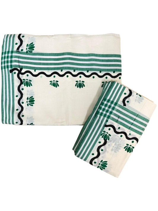 Southloom Pure Cotton Kerala Single Mulloth Set Mundu With Lotus Digital Print in Green (Mundum Neriyathum)in 2.75 Mtrs SL371