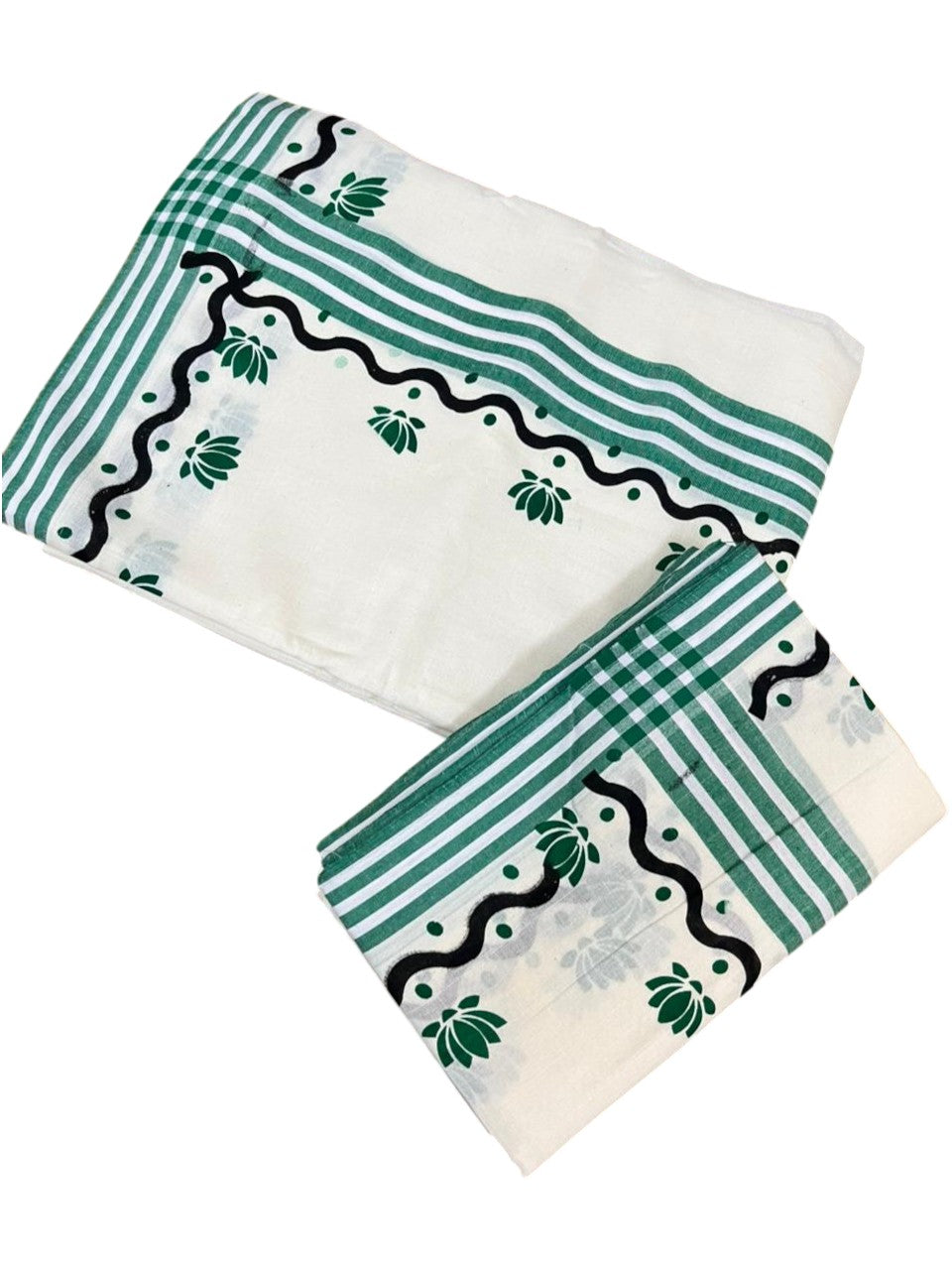 Southloom Pure Cotton Kerala Single Mulloth Set Mundu With Lotus Digital Print in Green (Mundum Neriyathum)in 2.75 Mtrs SL371