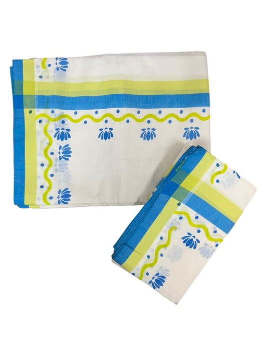 Southloom Pure Cotton Kerala Single Mulloth Set Mundu With Lotus Digital Print in Blue (Mundum Neriyathum) in 2.75 Mtrs SL371