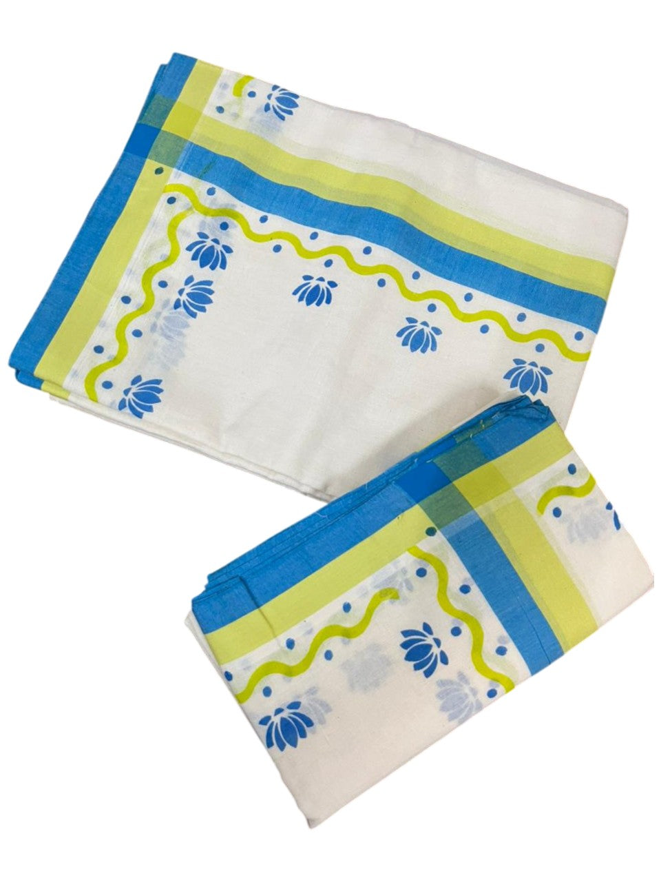 Southloom Pure Cotton Kerala Single Mulloth Set Mundu With Lotus Digital Print in Blue (Mundum Neriyathum) in 2.75 Mtrs SL371