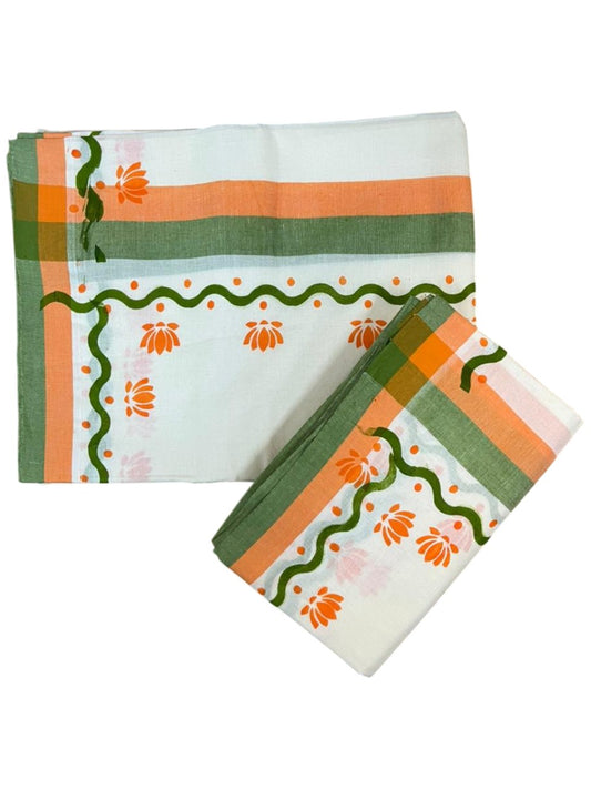 Southloom Pure Cotton Kerala Single Mulloth Set Mundu With Lotus Digital Print in Orange (Mundum Neriyathum) in 2.75 Mtrs SL371