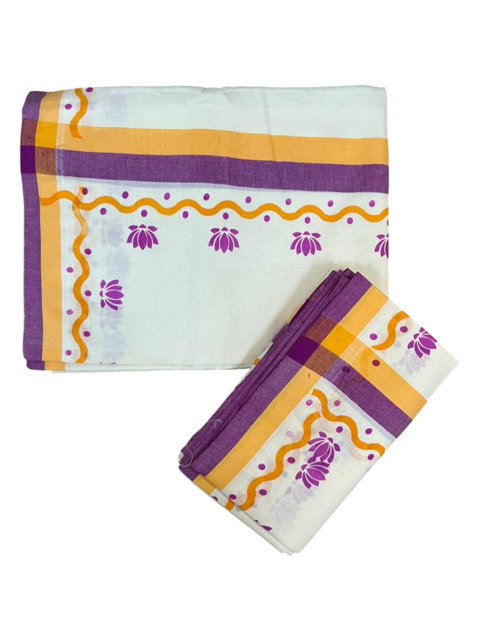 Southloom Pure Cotton Kerala Single Mulloth Set Mundu With Lotus Digital Print in Magenta (Mundum Neriyathum) in 2.75 Mtrs SL371
