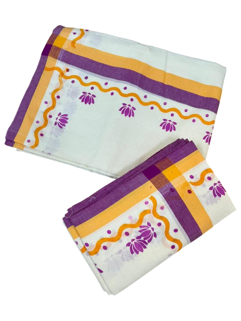 Southloom Pure Cotton Kerala Single Mulloth Set Mundu With Lotus Digital Print in Magenta (Mundum Neriyathum) in 2.75 Mtrs SL371