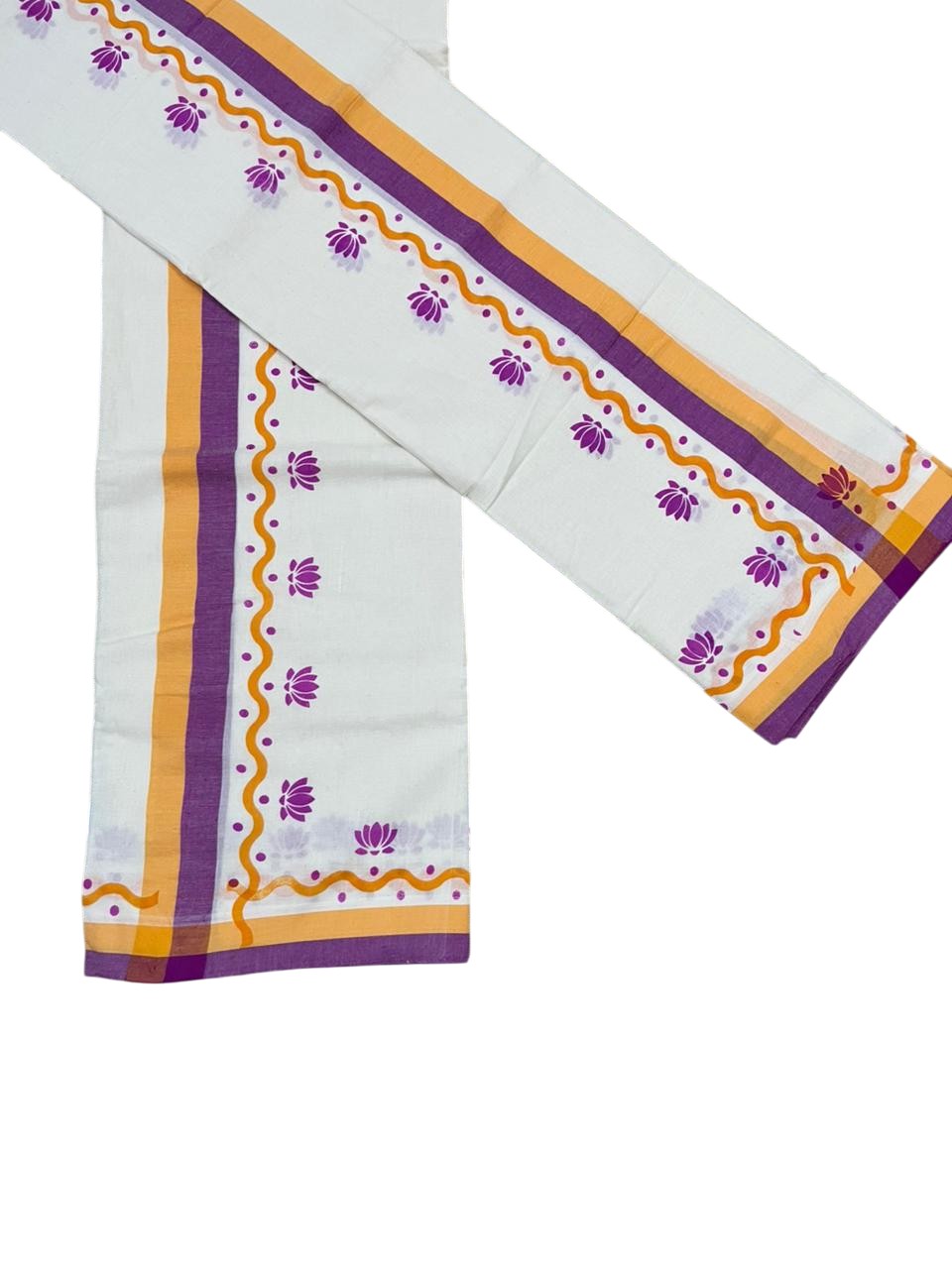 Southloom Pure Cotton Kerala Single Mulloth Set Mundu With Lotus Digital Print in Magenta (Mundum Neriyathum) in 2.75 Mtrs SL371