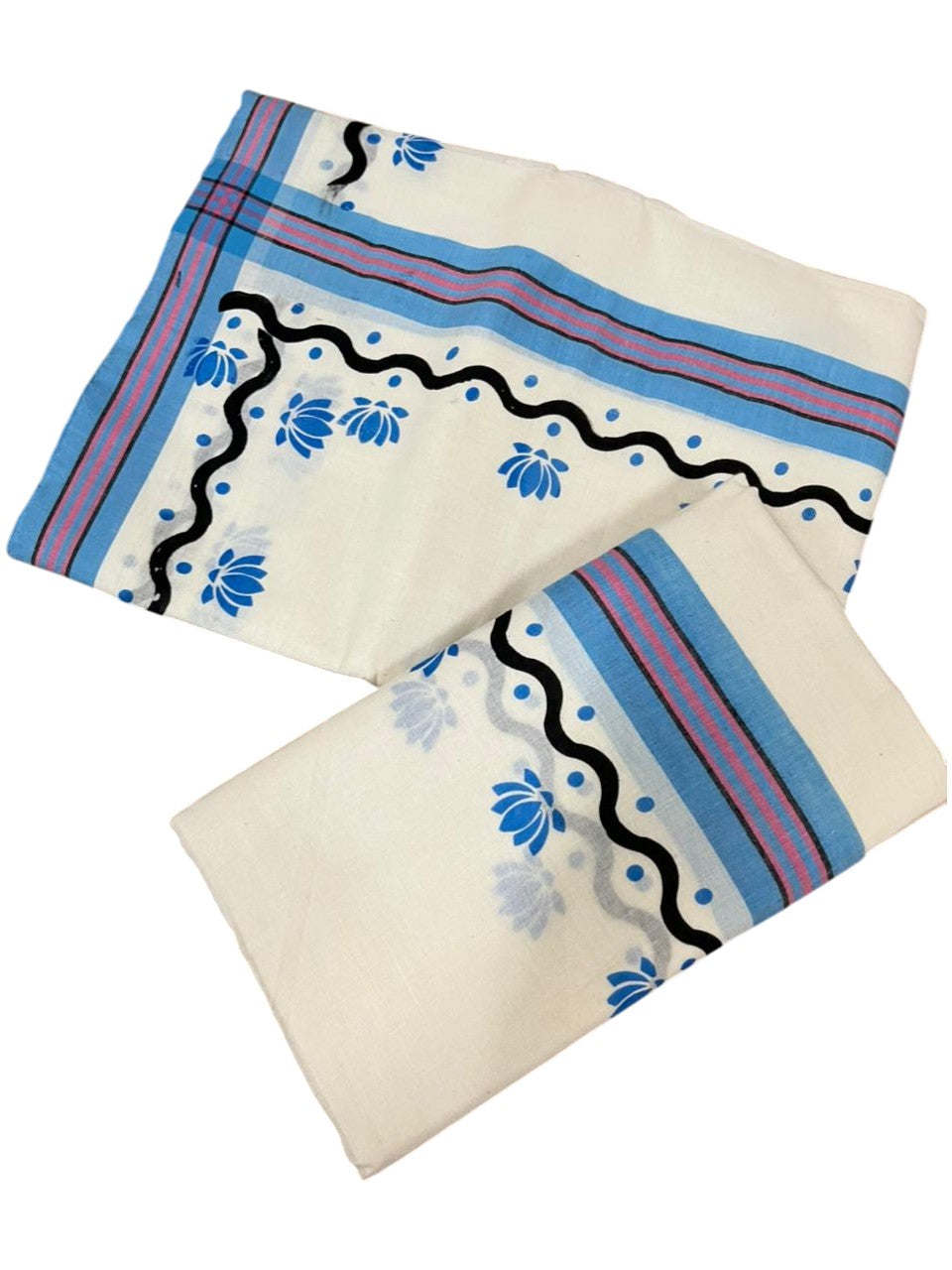 Southloom Pure Cotton Kerala Single Mulloth Set Mundu With Lotus Digital Print in Blue (Mundum Neriyathum) in 2.75 Mtrs SL371