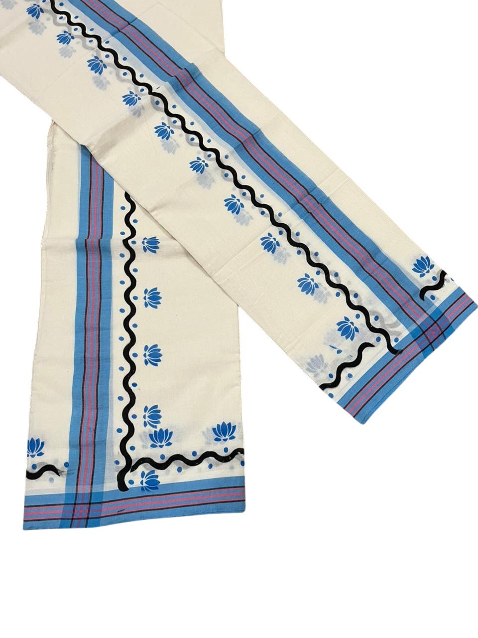 Southloom Pure Cotton Kerala Single Mulloth Set Mundu With Lotus Digital Print in Blue (Mundum Neriyathum) in 2.75 Mtrs SL371