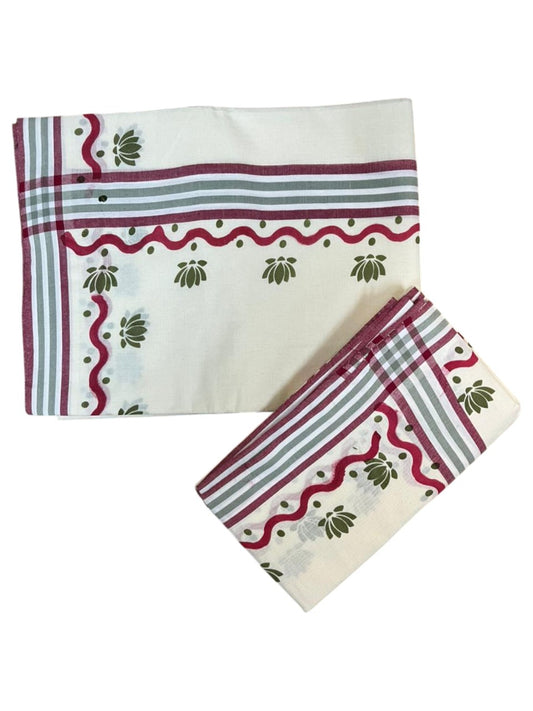 Southloom Pure Cotton Kerala Single Mulloth Set Mundu With Lotus Digital Print in Green (Mundum Neriyathum) in 2.75 Mtrs SL371