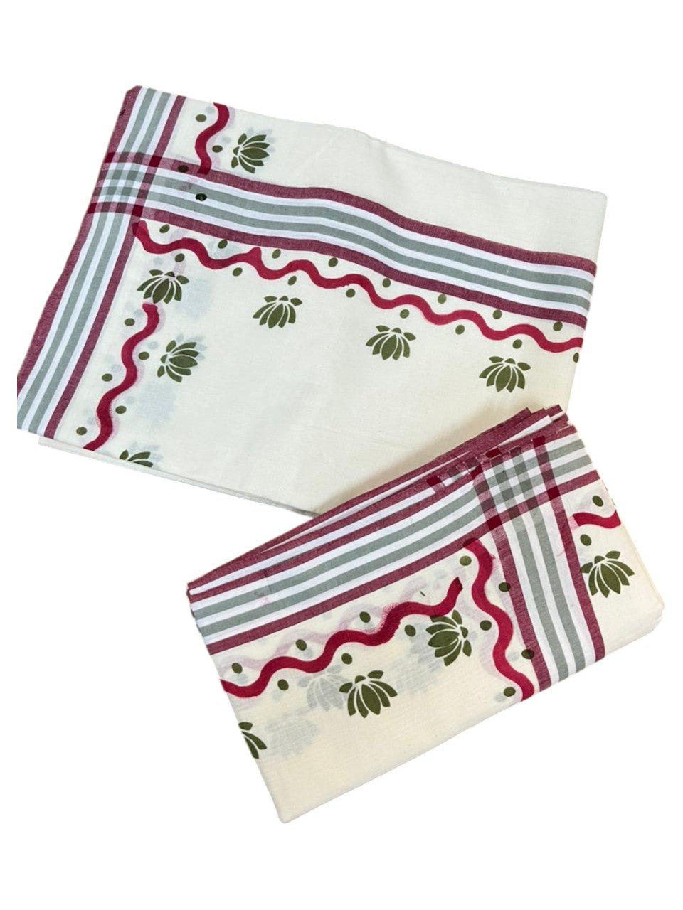 Southloom Pure Cotton Kerala Single Mulloth Set Mundu With Lotus Digital Print in Green (Mundum Neriyathum) in 2.75 Mtrs SL371