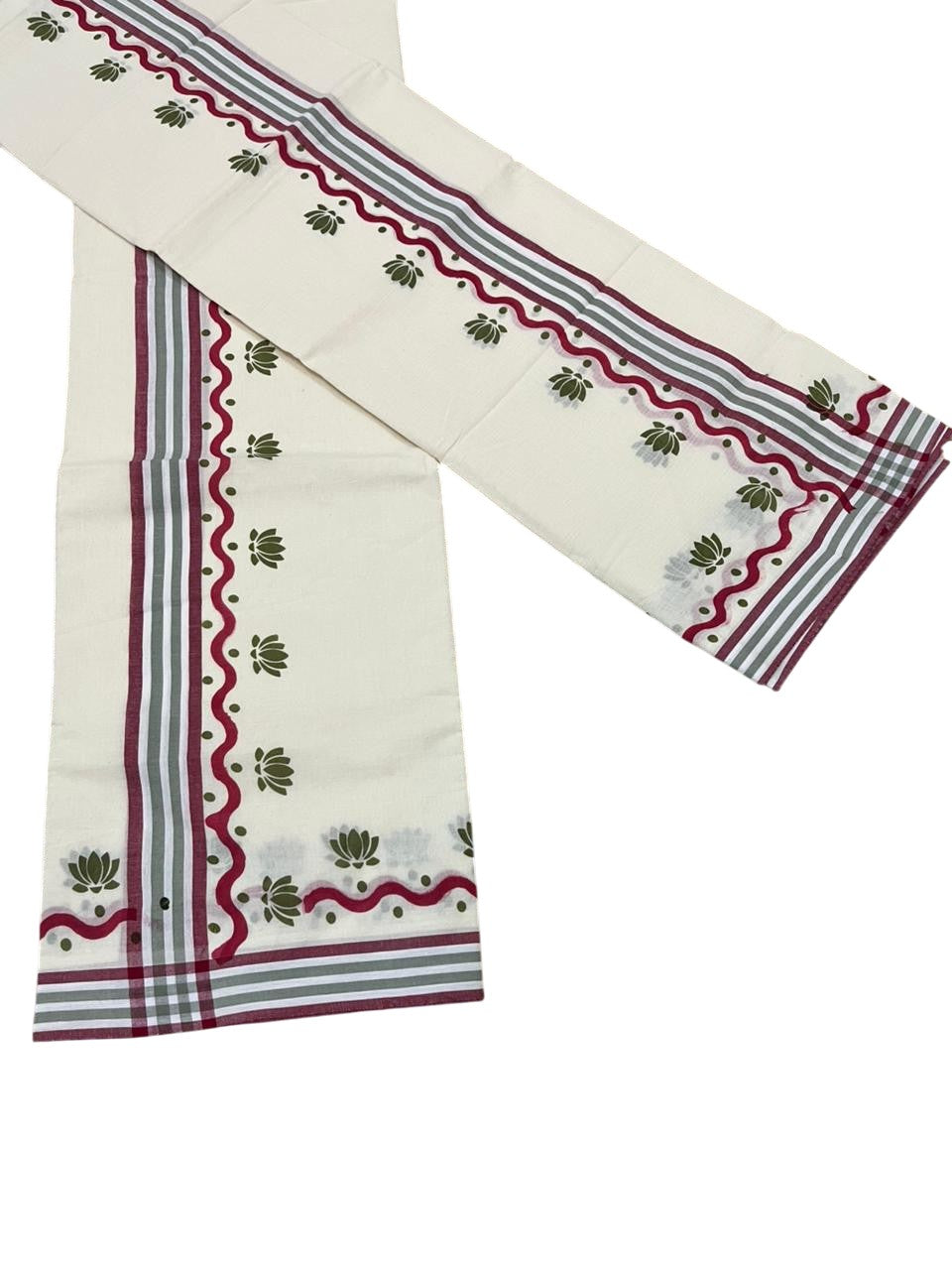 Southloom Pure Cotton Kerala Single Mulloth Set Mundu With Lotus Digital Print in Green (Mundum Neriyathum) in 2.75 Mtrs SL371