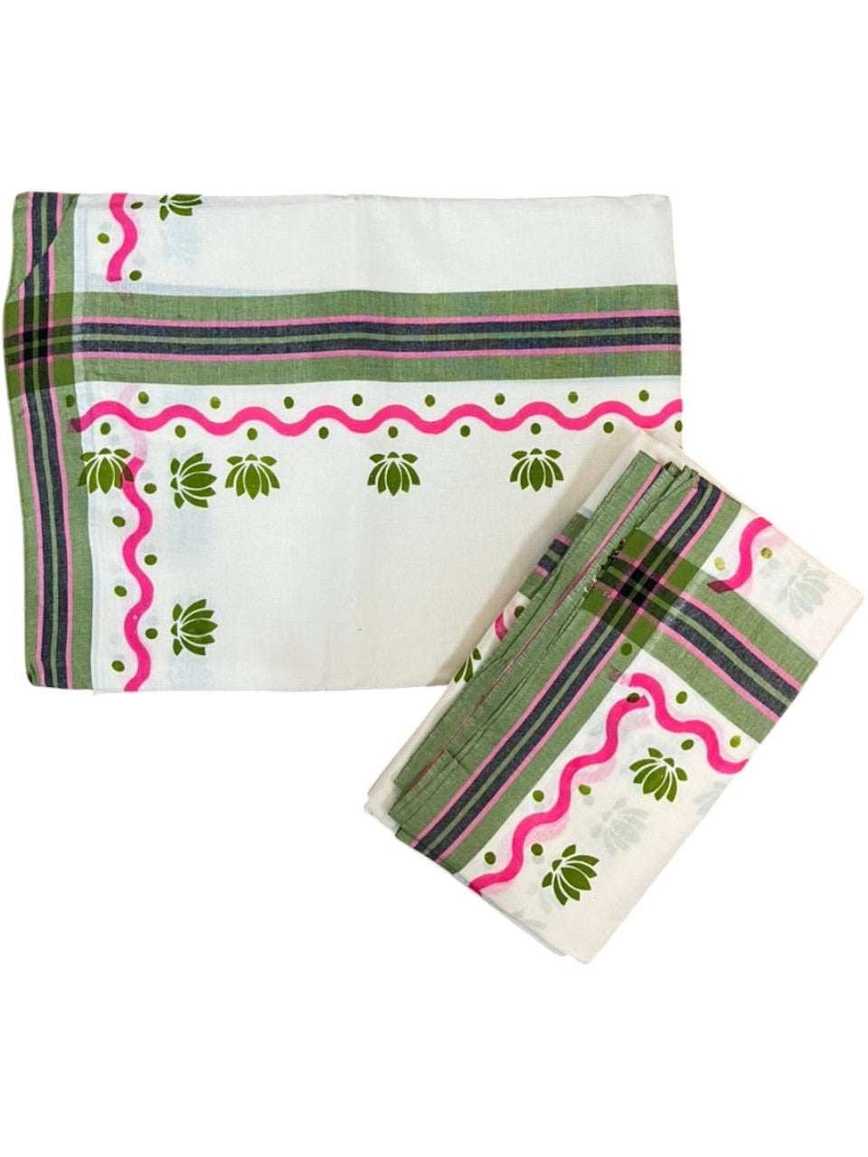 Southloom Pure Cotton Kerala Single Mulloth Set Mundu With Lotus Digital Print in Olive Green (Mundum Neriyathum) in 2.75 Mtrs SL371