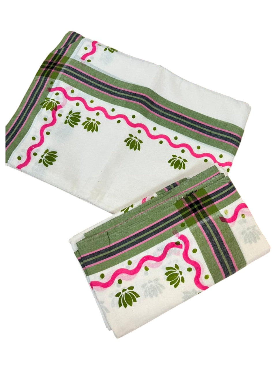 Southloom Pure Cotton Kerala Single Mulloth Set Mundu With Lotus Digital Print in Olive Green (Mundum Neriyathum) in 2.75 Mtrs SL371