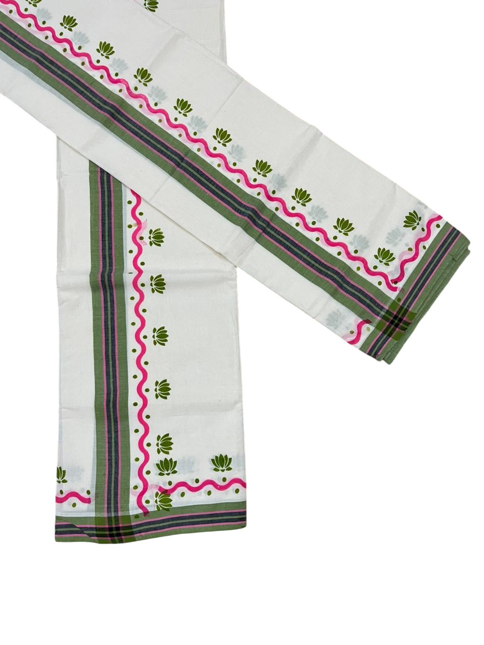Southloom Pure Cotton Kerala Single Mulloth Set Mundu With Lotus Digital Print in Olive Green (Mundum Neriyathum) in 2.75 Mtrs SL371