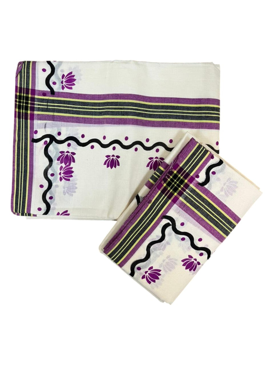 Southloom Pure Cotton Kerala Single Mulloth Set Mundu With Lotus Digital Print in Purple (Mundum Neriyathum) in 2.75 Mtrs SL371