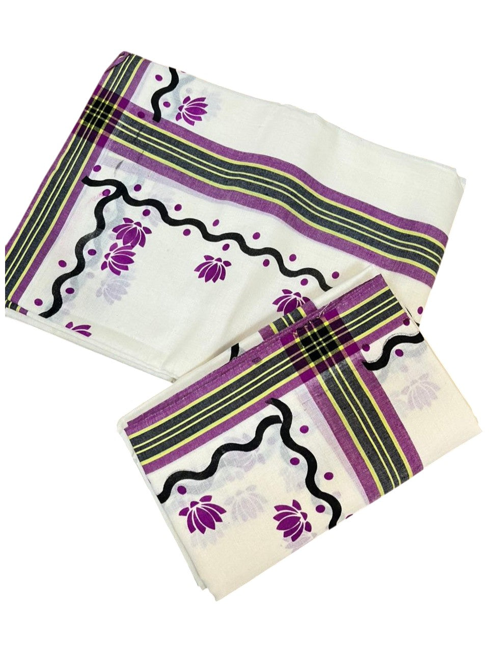 Southloom Pure Cotton Kerala Single Mulloth Set Mundu With Lotus Digital Print in Purple (Mundum Neriyathum) in 2.75 Mtrs SL371