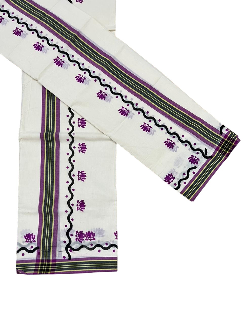Southloom Pure Cotton Kerala Single Mulloth Set Mundu With Lotus Digital Print in Purple (Mundum Neriyathum) in 2.75 Mtrs SL371