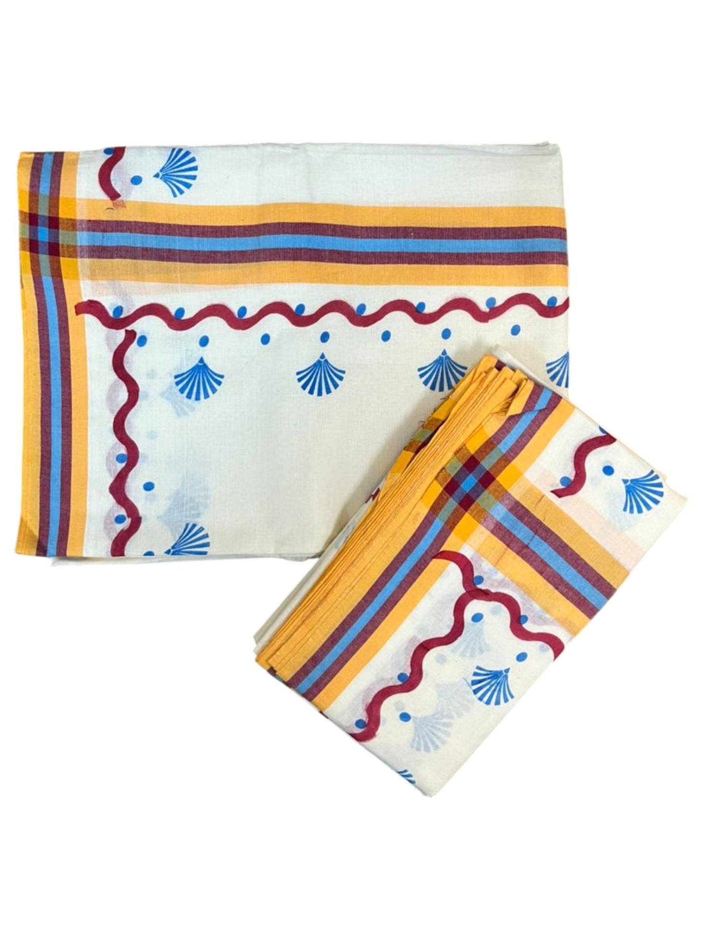 Southloom Kerala Mulloth Cotton Single Mundum Neriyathum with Digital Prints in Blue 2.75 Mtrs SL372