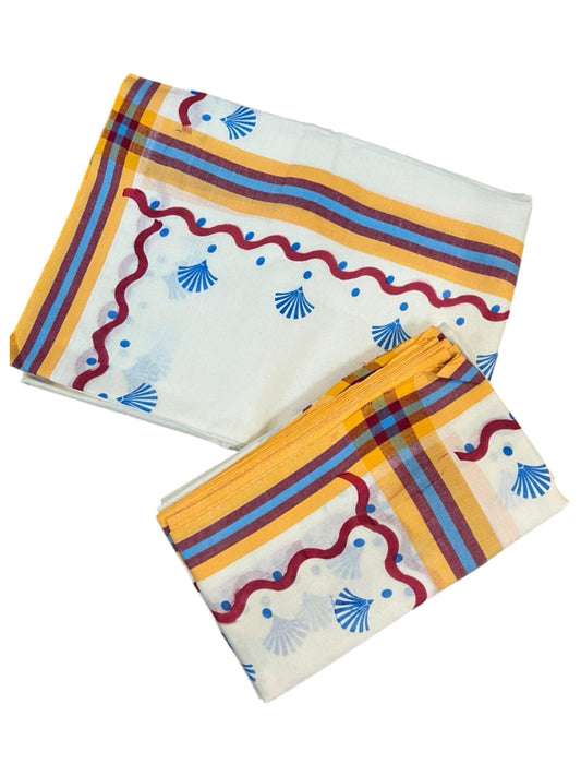 Southloom Kerala Mulloth Cotton Single Mundum Neriyathum with Digital Prints in Blue 2.75 Mtrs SL372