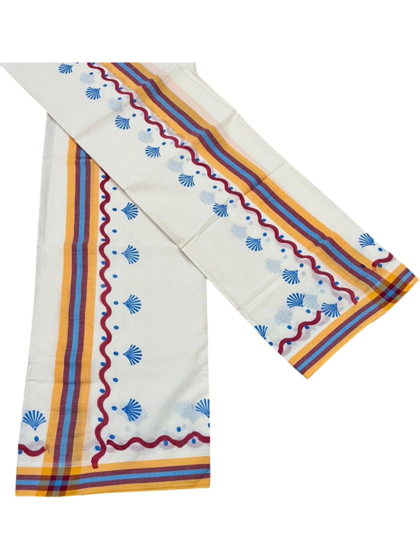 Southloom Kerala Mulloth Cotton Single Mundum Neriyathum with Digital Prints in Blue 2.75 Mtrs SL372