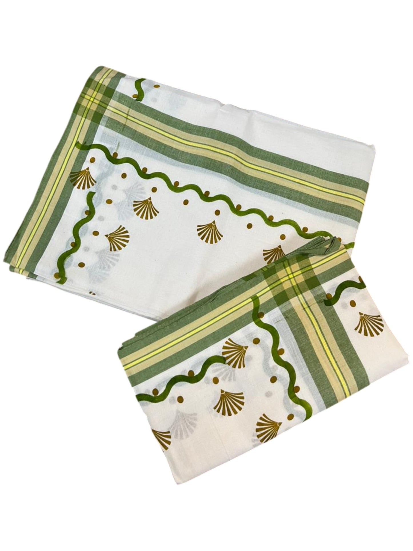 Southloom Kerala Mulloth Cotton Single Mundum Neriyathum with Digital Prints in Olive Green 2.75 Mtrs SL372