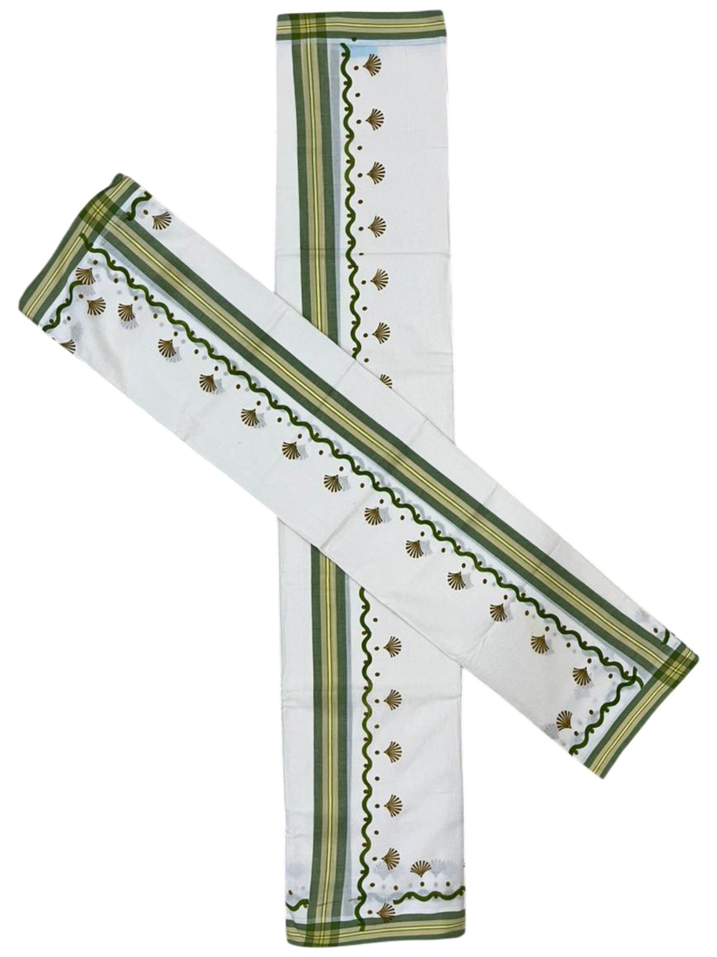Southloom Kerala Mulloth Cotton Single Mundum Neriyathum with Digital Prints in Olive Green 2.75 Mtrs SL372