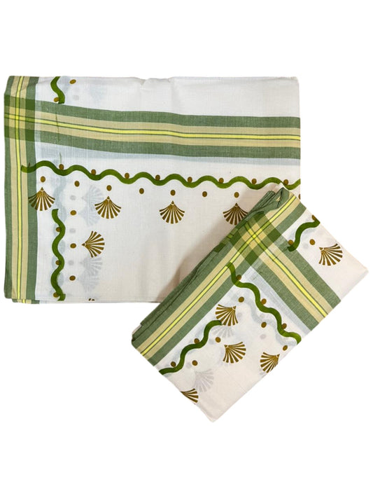 Southloom Kerala Mulloth Cotton Single Mundum Neriyathum with Digital Prints in Olive Green 2.75 Mtrs SL372