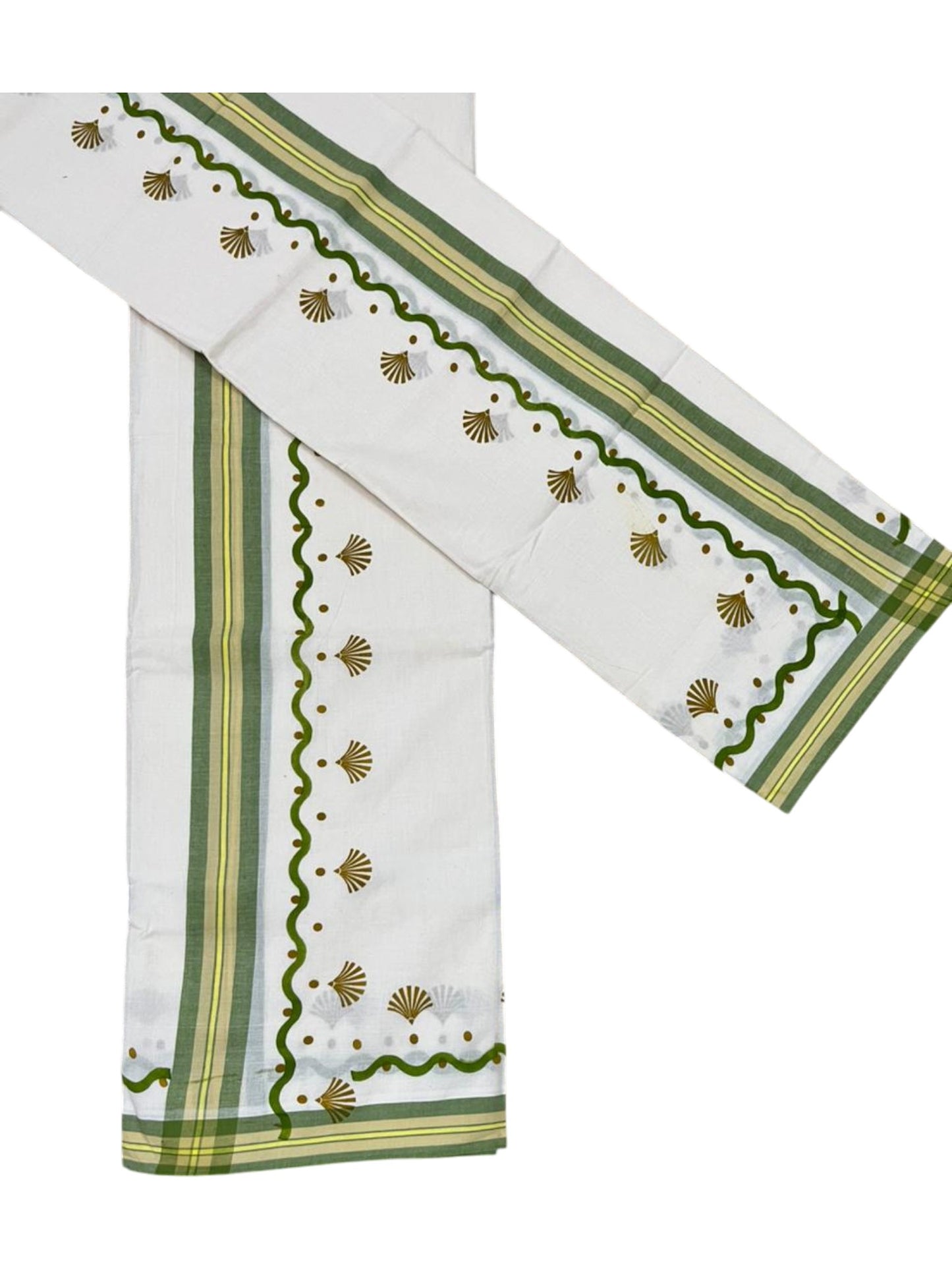 Southloom Kerala Mulloth Cotton Single Mundum Neriyathum with Digital Prints in Olive Green 2.75 Mtrs SL372