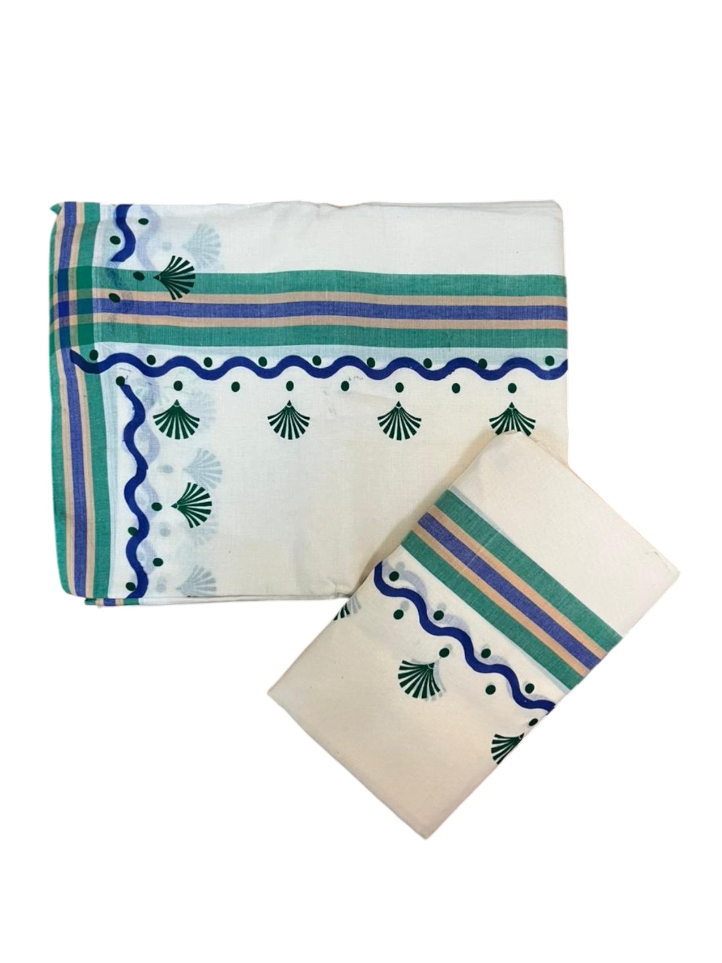 Southloom Kerala Mulloth Cotton Single Mundum Neriyathum with Digital Prints in Green 2.75 Mtrs SL372