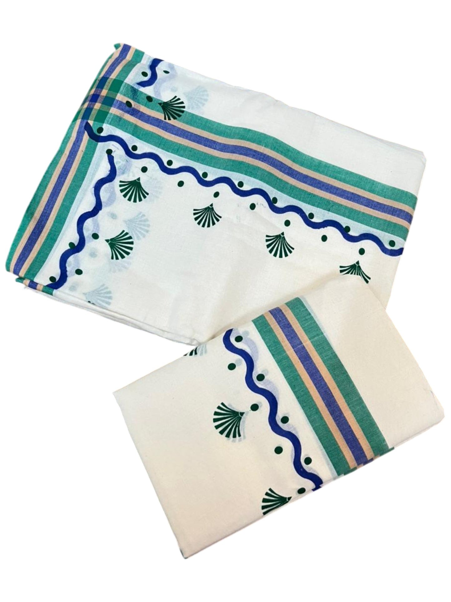 Southloom Kerala Mulloth Cotton Single Mundum Neriyathum with Digital Prints in Green 2.75 Mtrs SL372