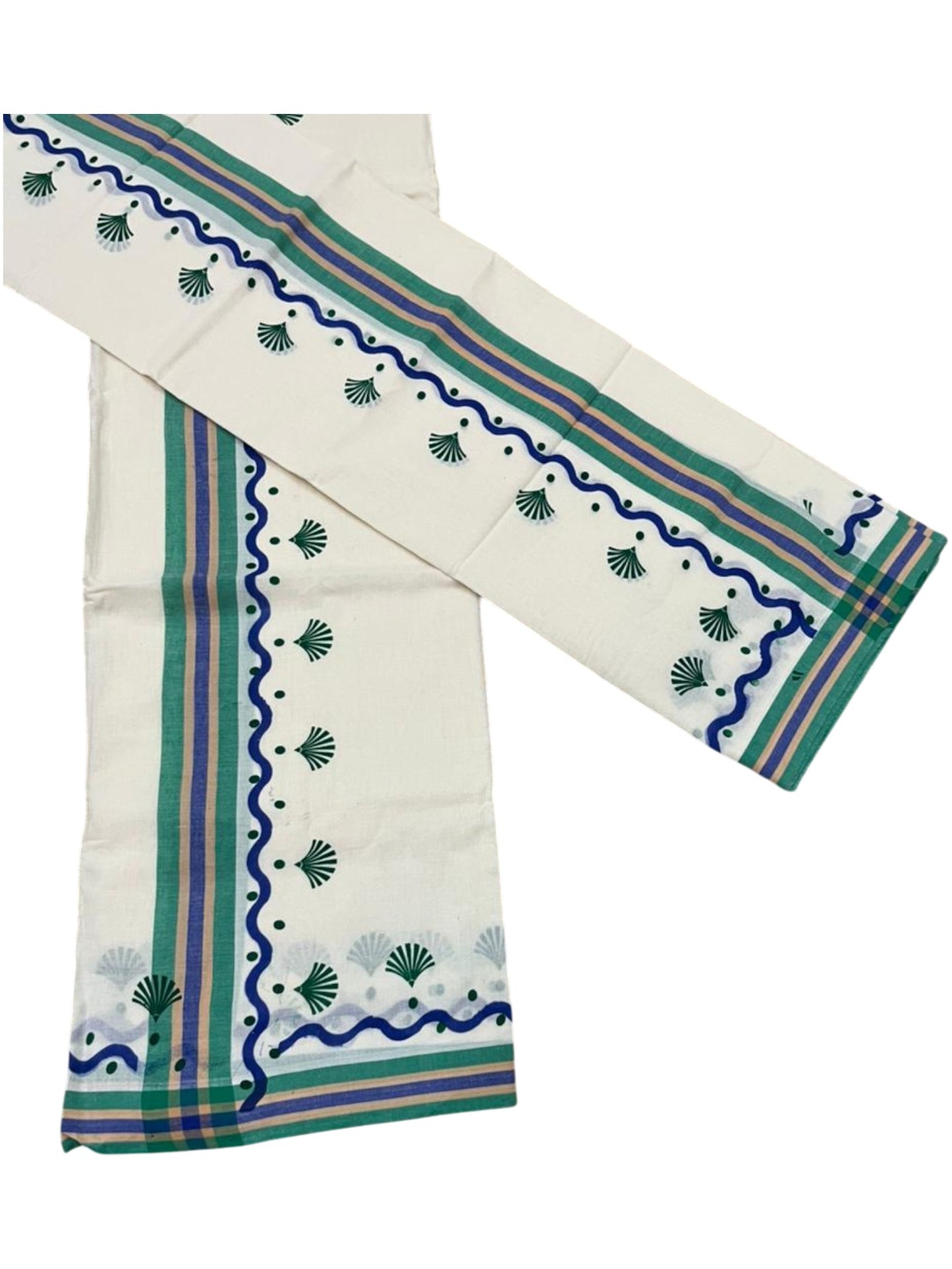 Southloom Kerala Mulloth Cotton Single Mundum Neriyathum with Digital Prints in Green 2.75 Mtrs SL372