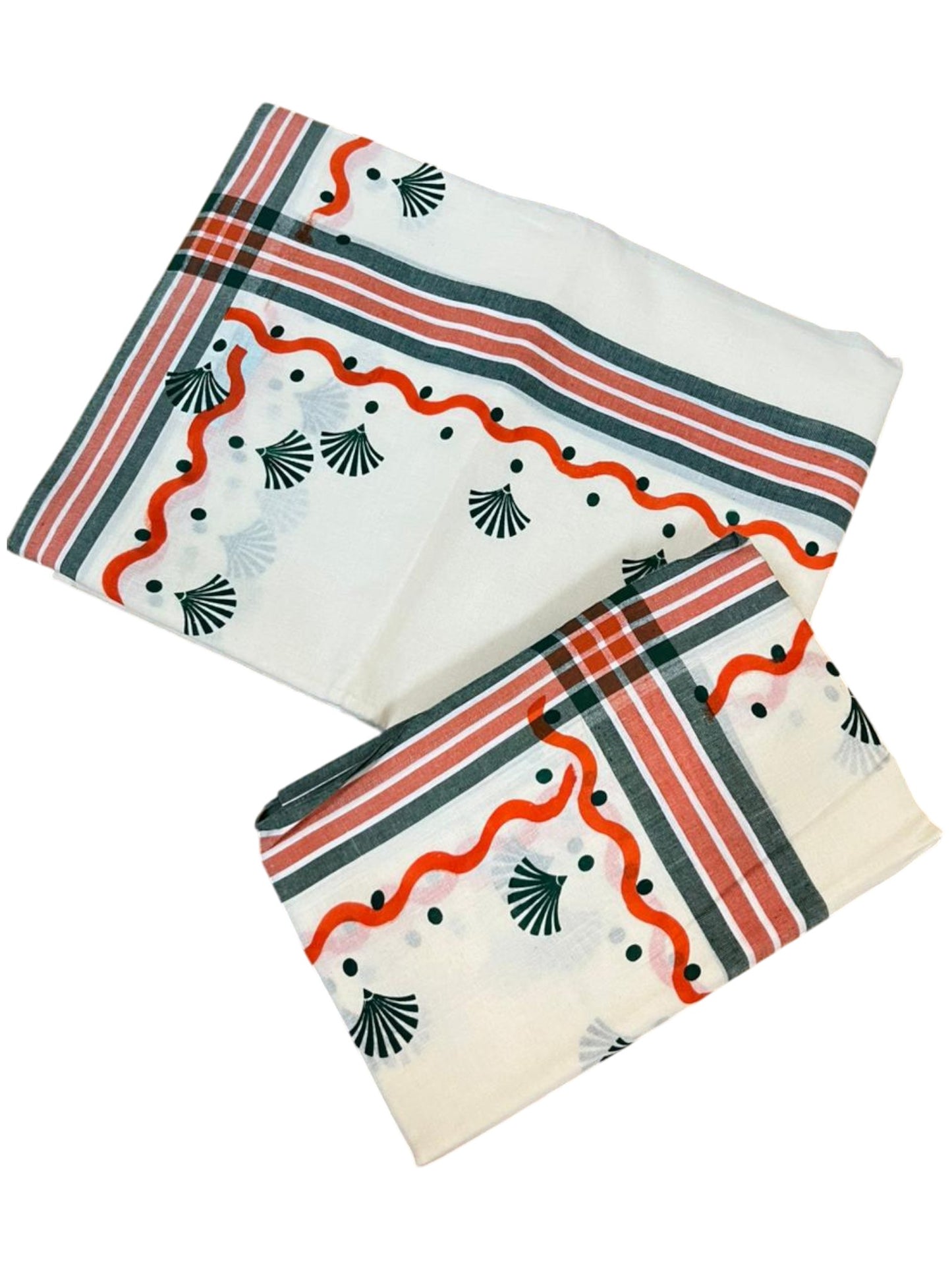 Southloom Kerala Mulloth Cotton Single Mundum Neriyathum with Digital Prints in Green 2.75 Mtrs SL372