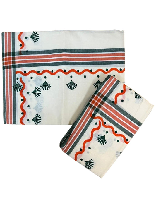 Southloom Kerala Mulloth Cotton Single Mundum Neriyathum with Digital Prints in Green 2.75 Mtrs SL372