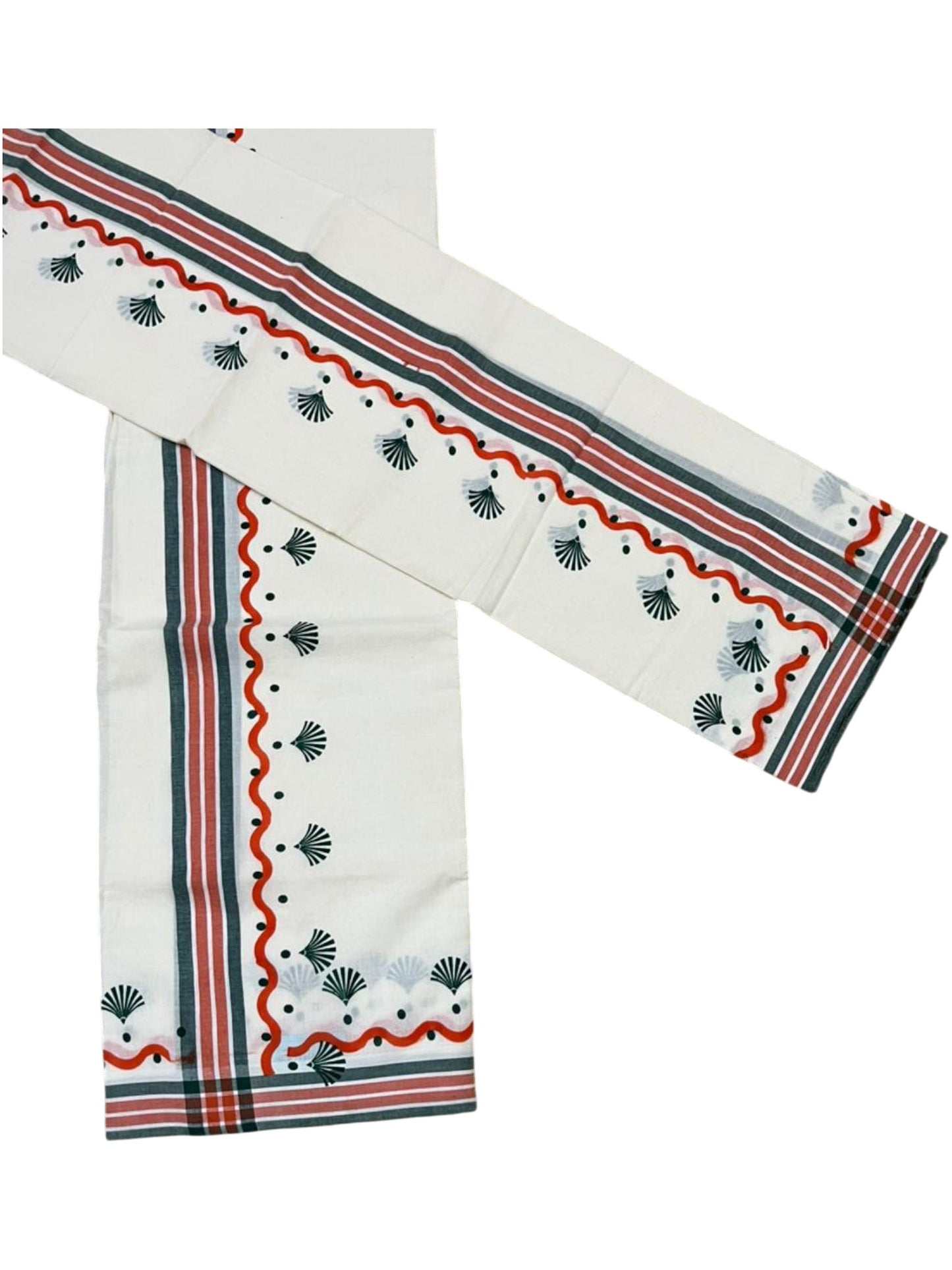 Southloom Kerala Mulloth Cotton Single Mundum Neriyathum with Digital Prints in Green 2.75 Mtrs SL372