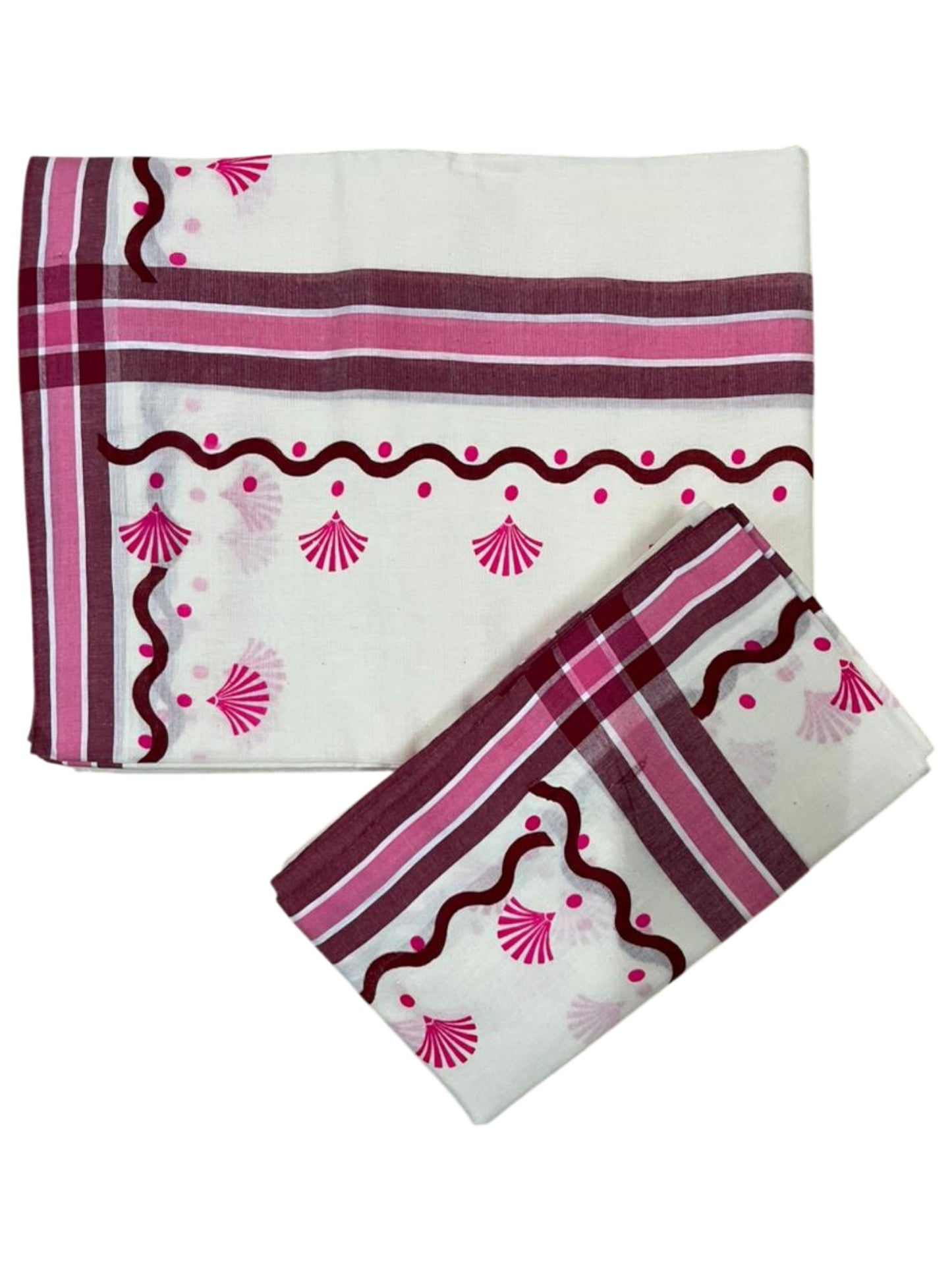 Southloom Kerala Mulloth Cotton Single Mundum Neriyathum with Digital Prints in Pink 2.75 Mtrs SL372