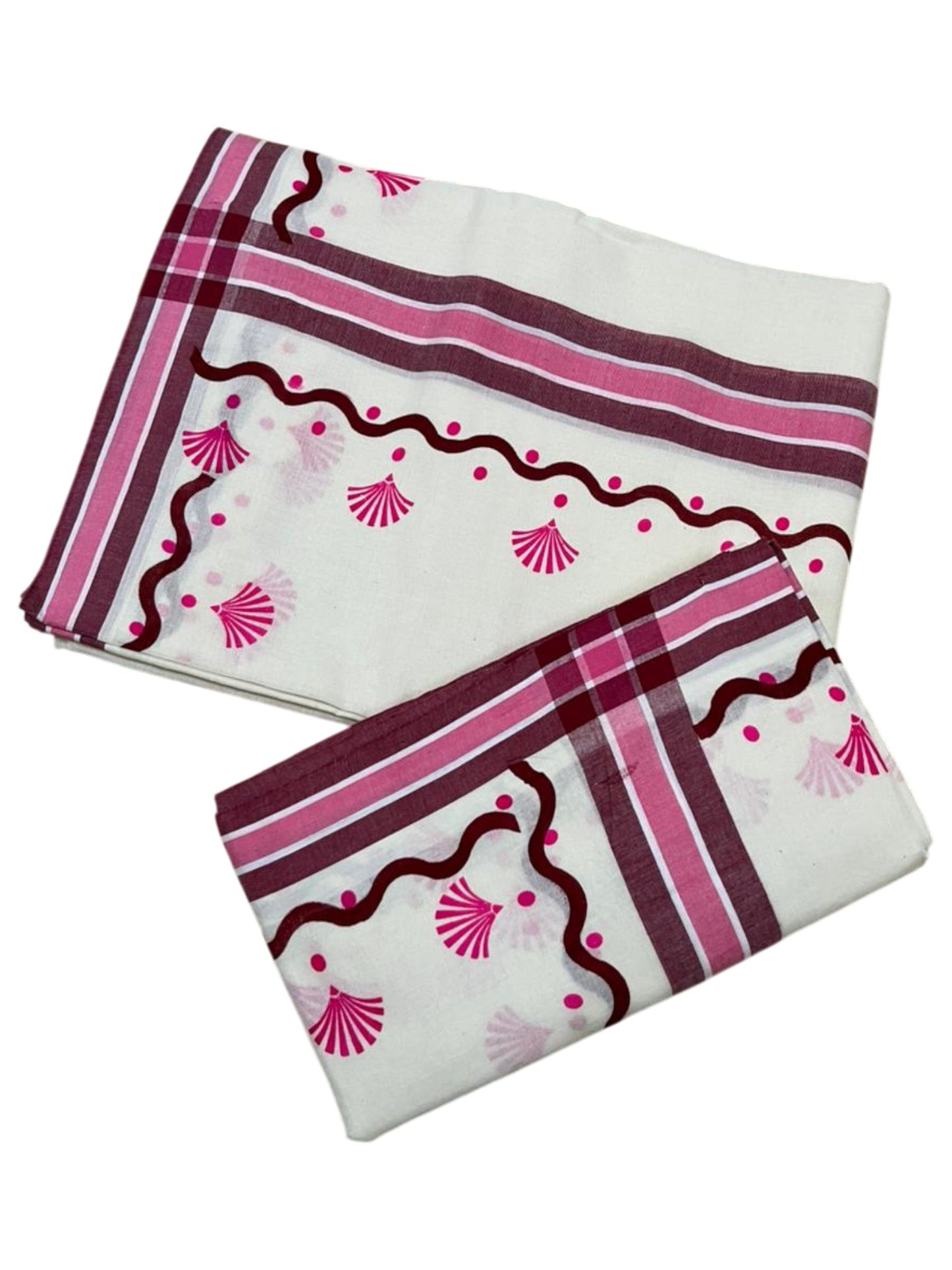 Southloom Kerala Mulloth Cotton Single Mundum Neriyathum with Digital Prints in Pink 2.75 Mtrs SL372