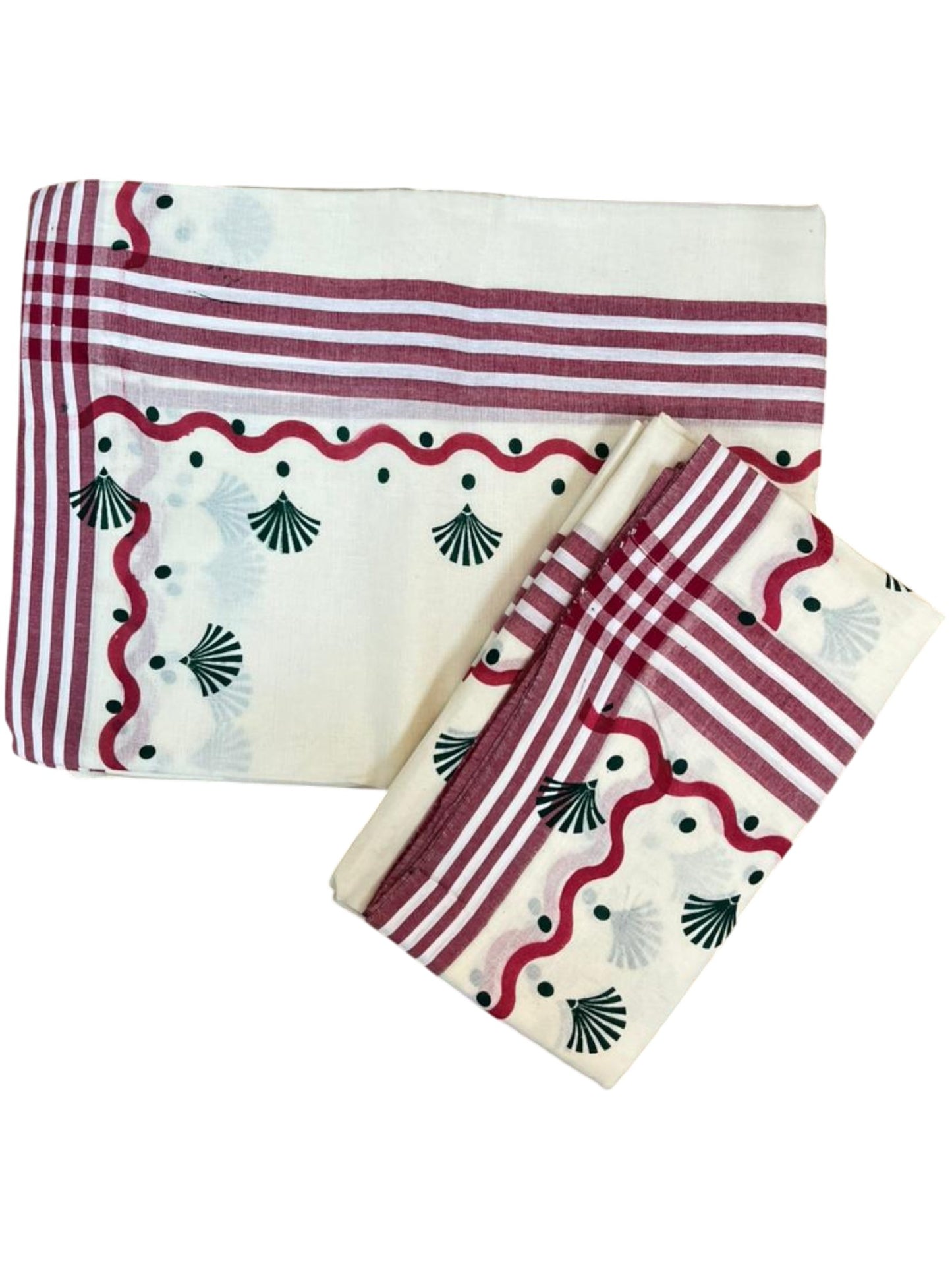 Southloom Kerala Mulloth Cotton Single Mundum Neriyathum with Digital Prints in Green 2.75 Mtrs SL372