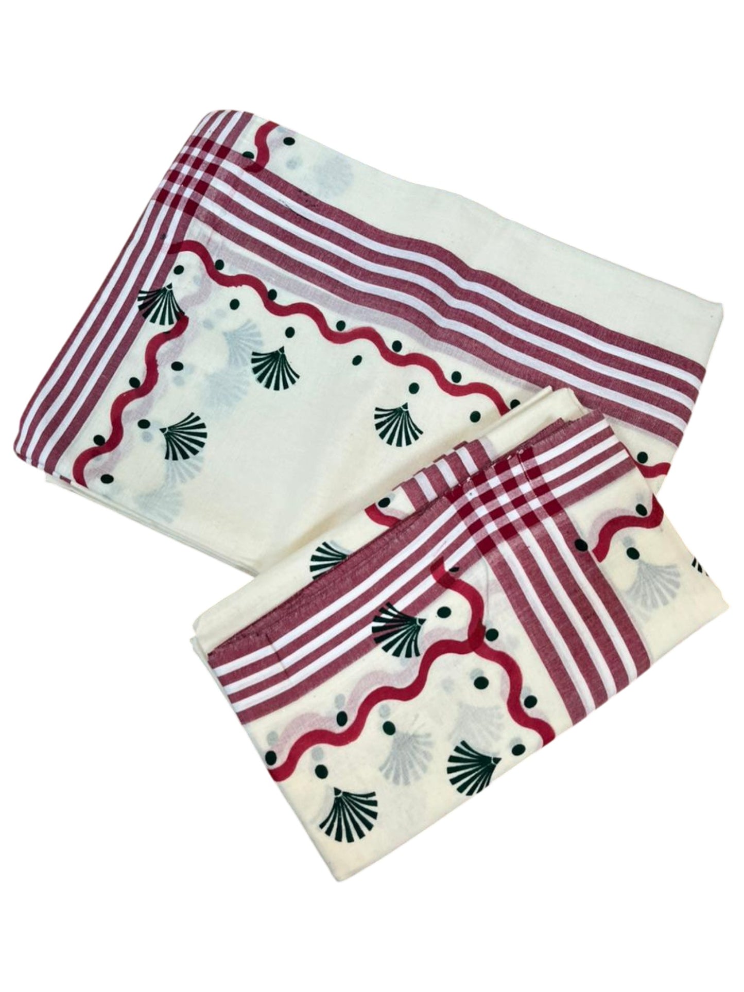 Southloom Kerala Mulloth Cotton Single Mundum Neriyathum with Digital Prints in Green 2.75 Mtrs SL372