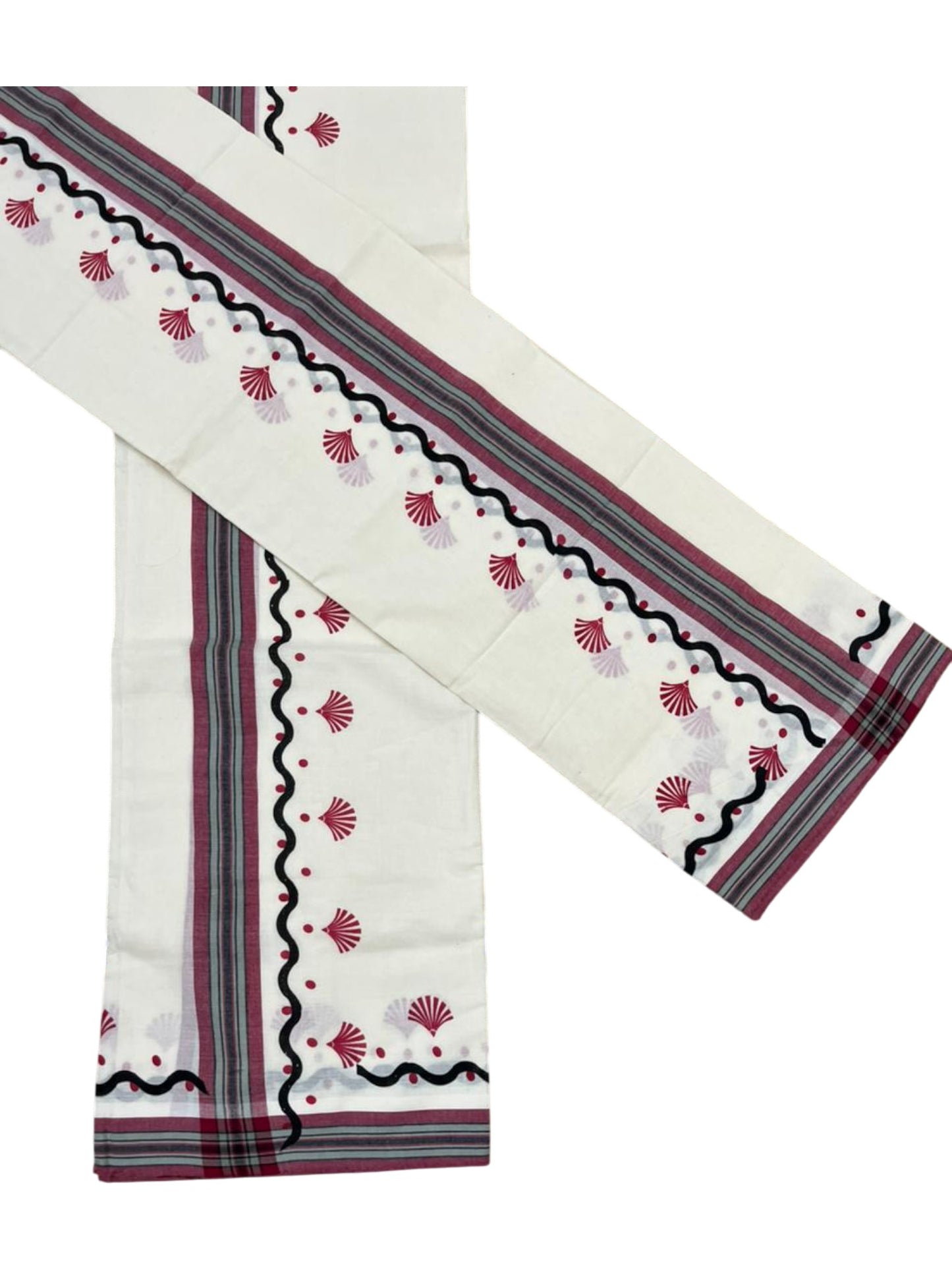 Southloom Kerala Mulloth Cotton Single Mundum Neriyathum with Digital Prints in Maroon 2.75 Mtrs SL372
