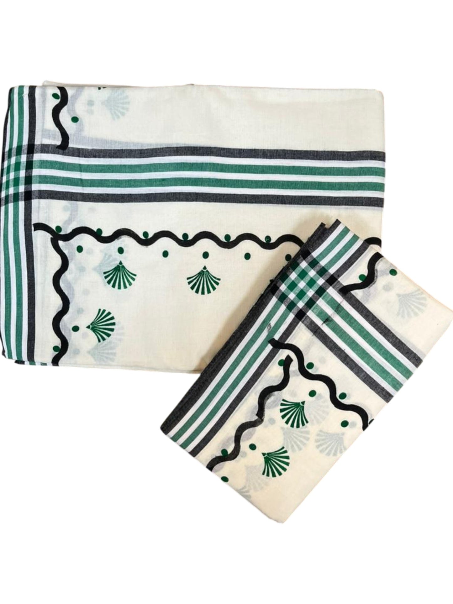 Southloom Kerala Mulloth Cotton Single Mundum Neriyathum with Digital Prints in Green 2.75 Mtrs SL372