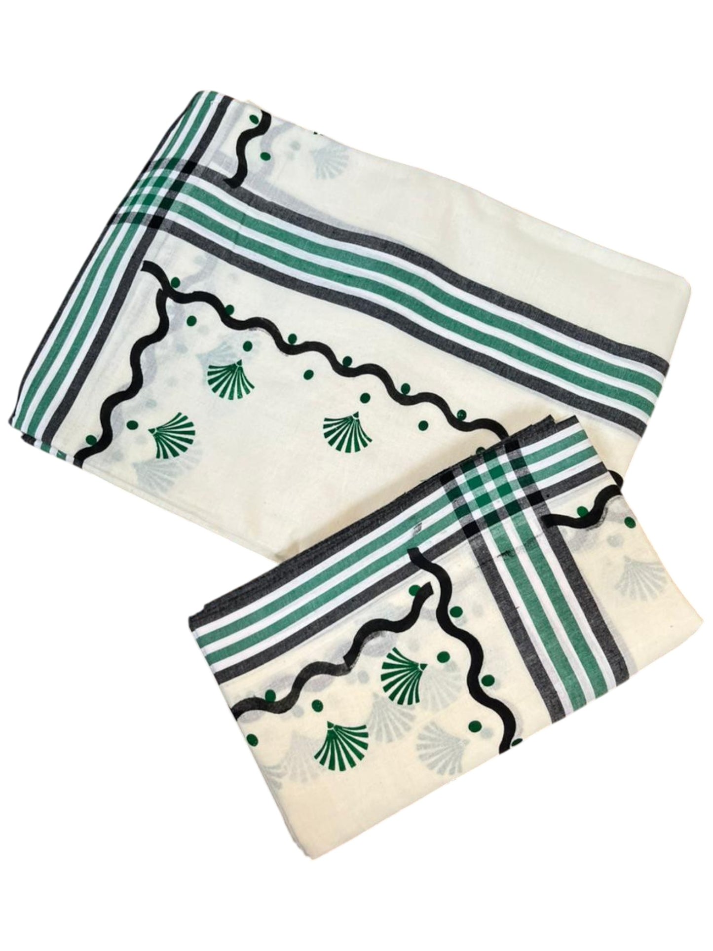 Southloom Kerala Mulloth Cotton Single Mundum Neriyathum with Digital Prints in Green 2.75 Mtrs SL372