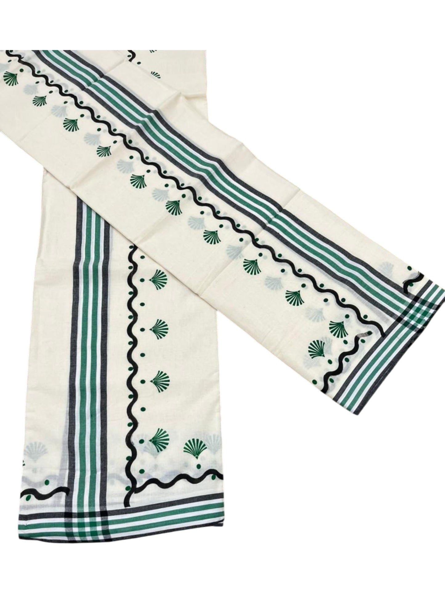Southloom Kerala Mulloth Cotton Single Mundum Neriyathum with Digital Prints in Green 2.75 Mtrs SL372