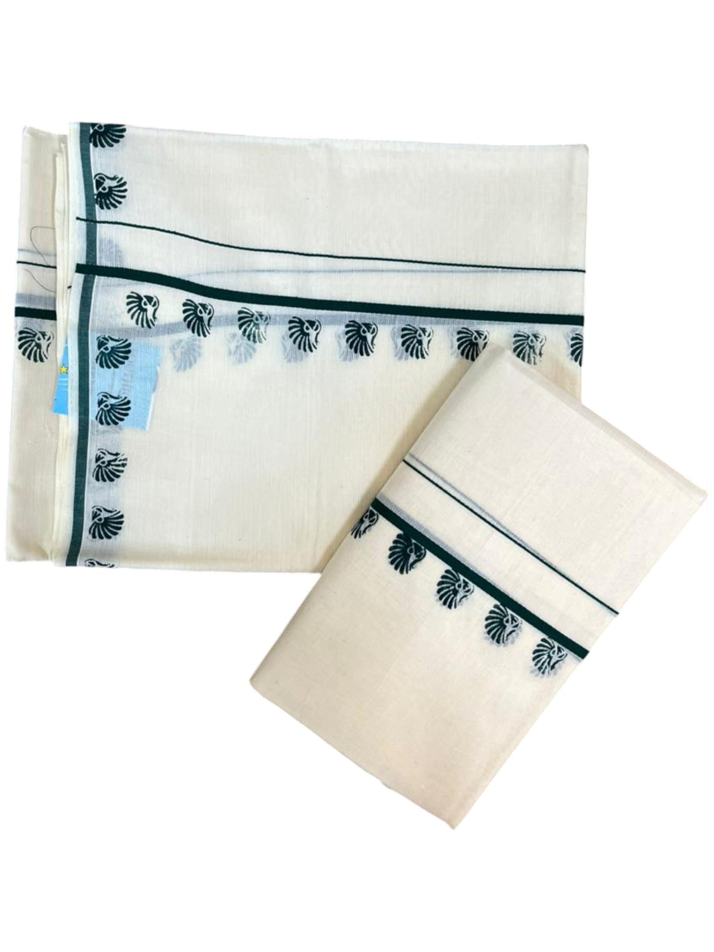 Southloom Pure Cotton Kerala Single Set Mundu (Mundum Neriyathum) with Digital Prints in Green 2.80 Mtrs SL359