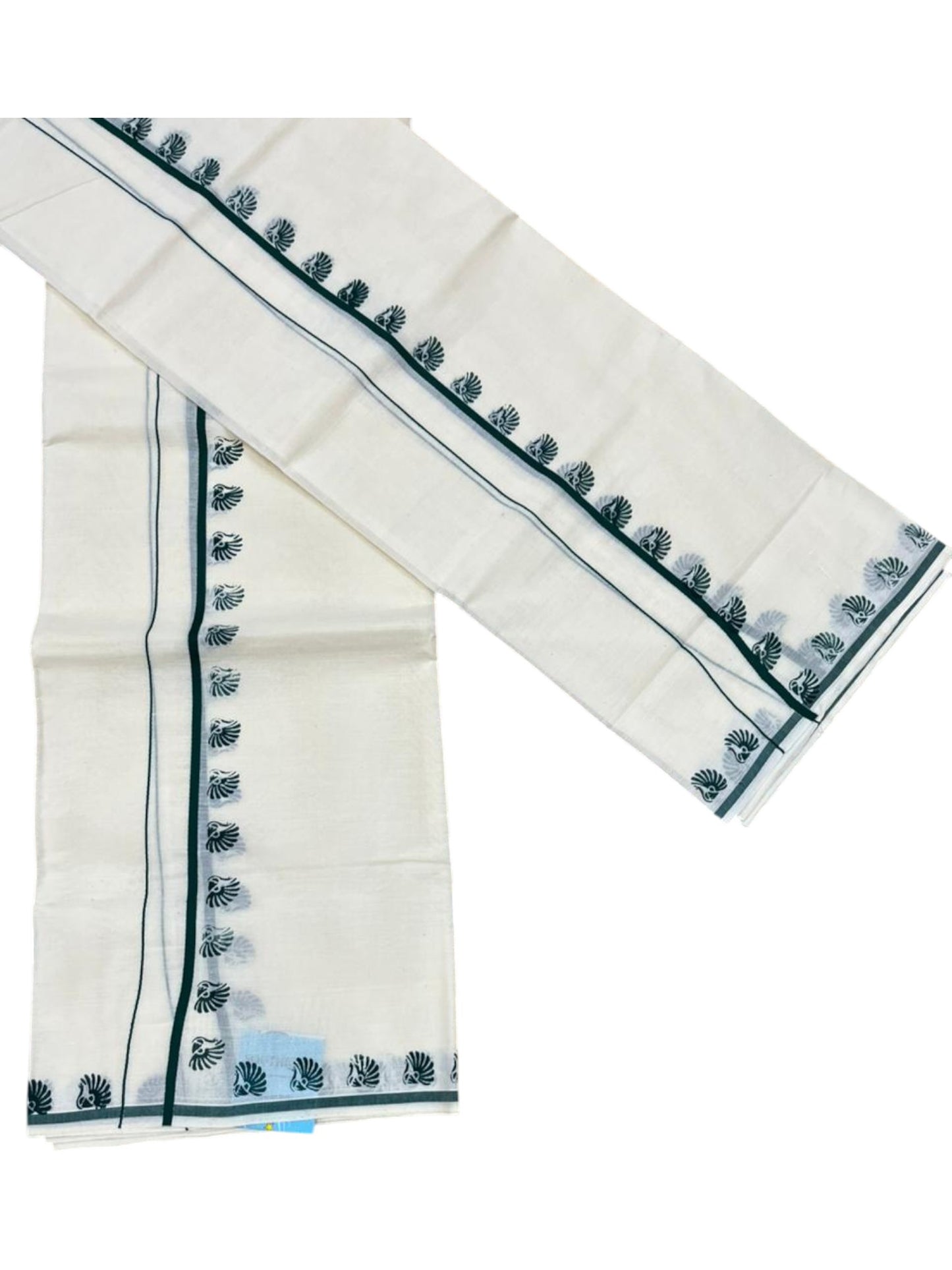 Southloom Pure Cotton Kerala Single Set Mundu (Mundum Neriyathum) with Digital Prints in Green 2.80 Mtrs SL359