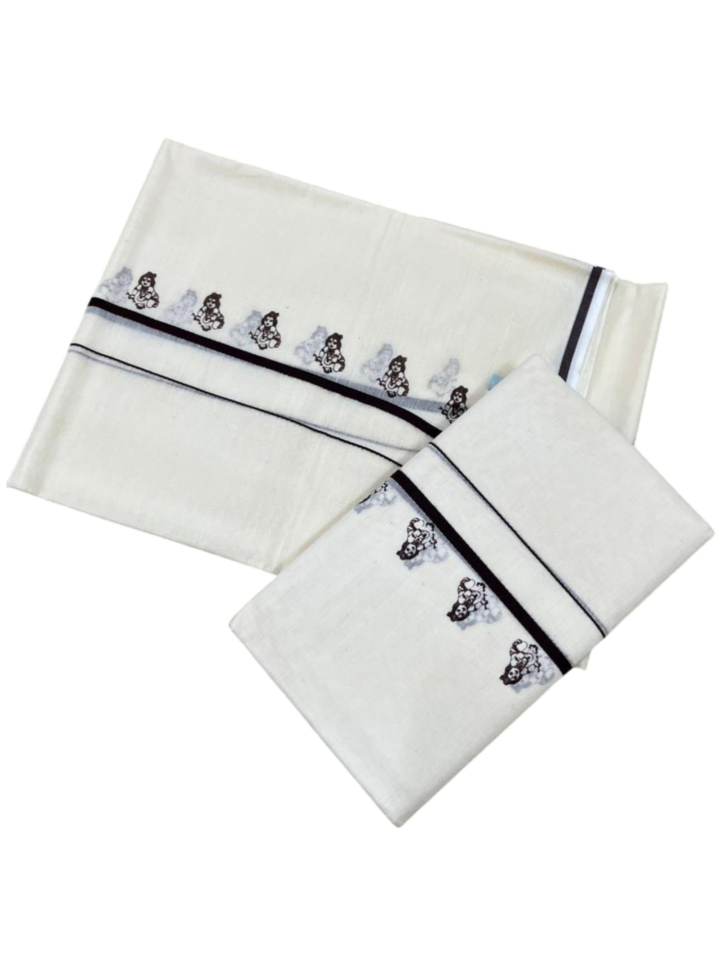 Southloom Pure Cotton Kerala Single Set Mundu (Mundum Neriyathum) with Digital Prints in Brown 2.80 Mtrs SL359