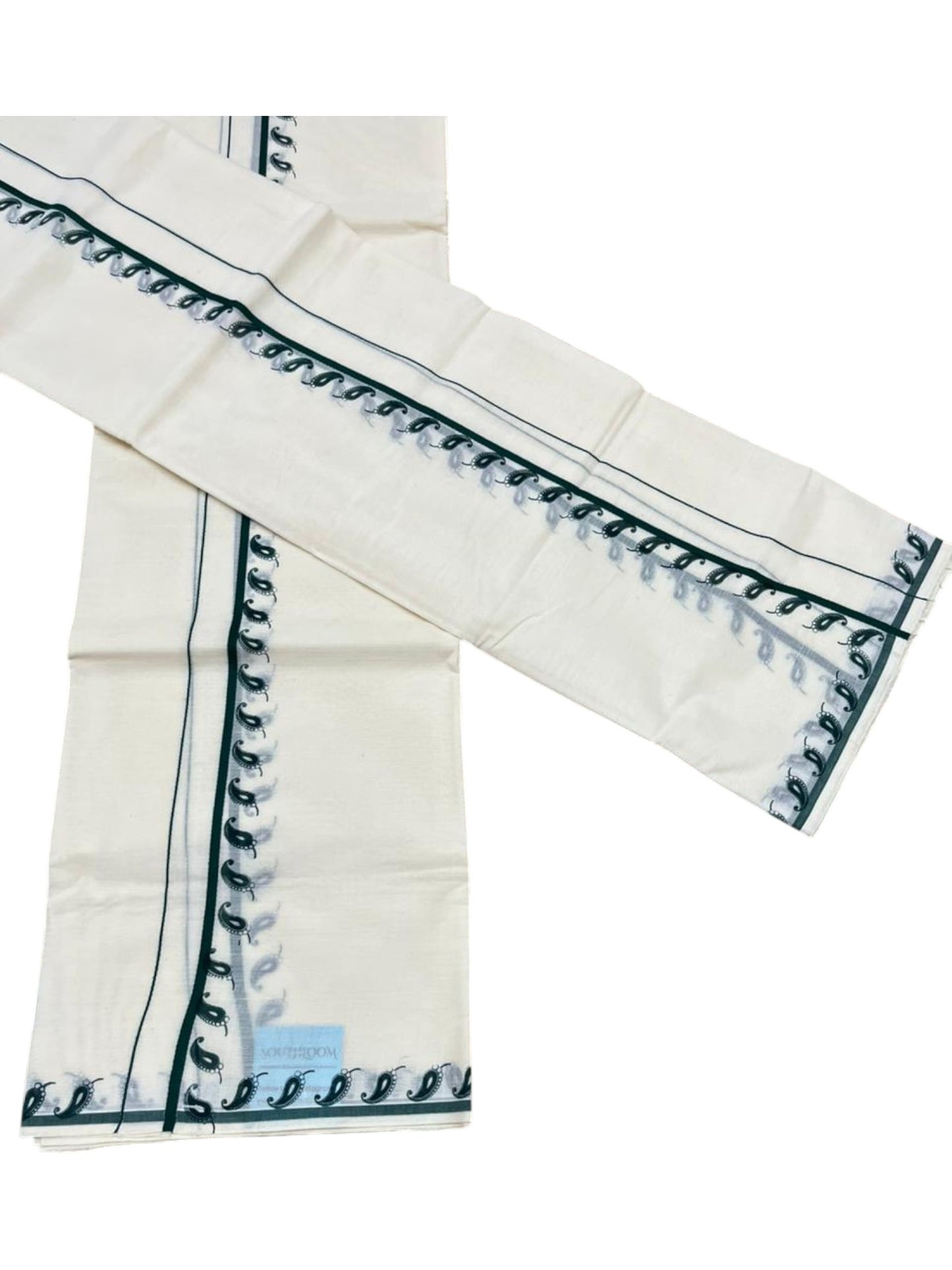 Southloom Pure Cotton Kerala Single Set Mundu (Mundum Neriyathum) with Digital Prints in Green 2.80 Mtrs SL359