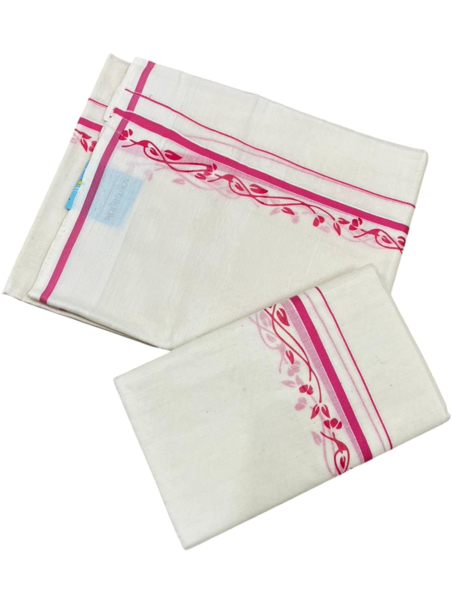 Southloom Pure Cotton Kerala Single Set Mundu (Mundum Neriyathum) with Digital Prints in Pink 2.80 Mtrs SL359
